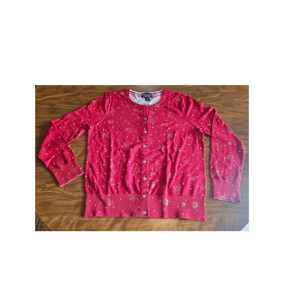 Lands' End Women's Cardigan Sweater Medium Red Gold Snowflake Cotton - Picture 1 of 3